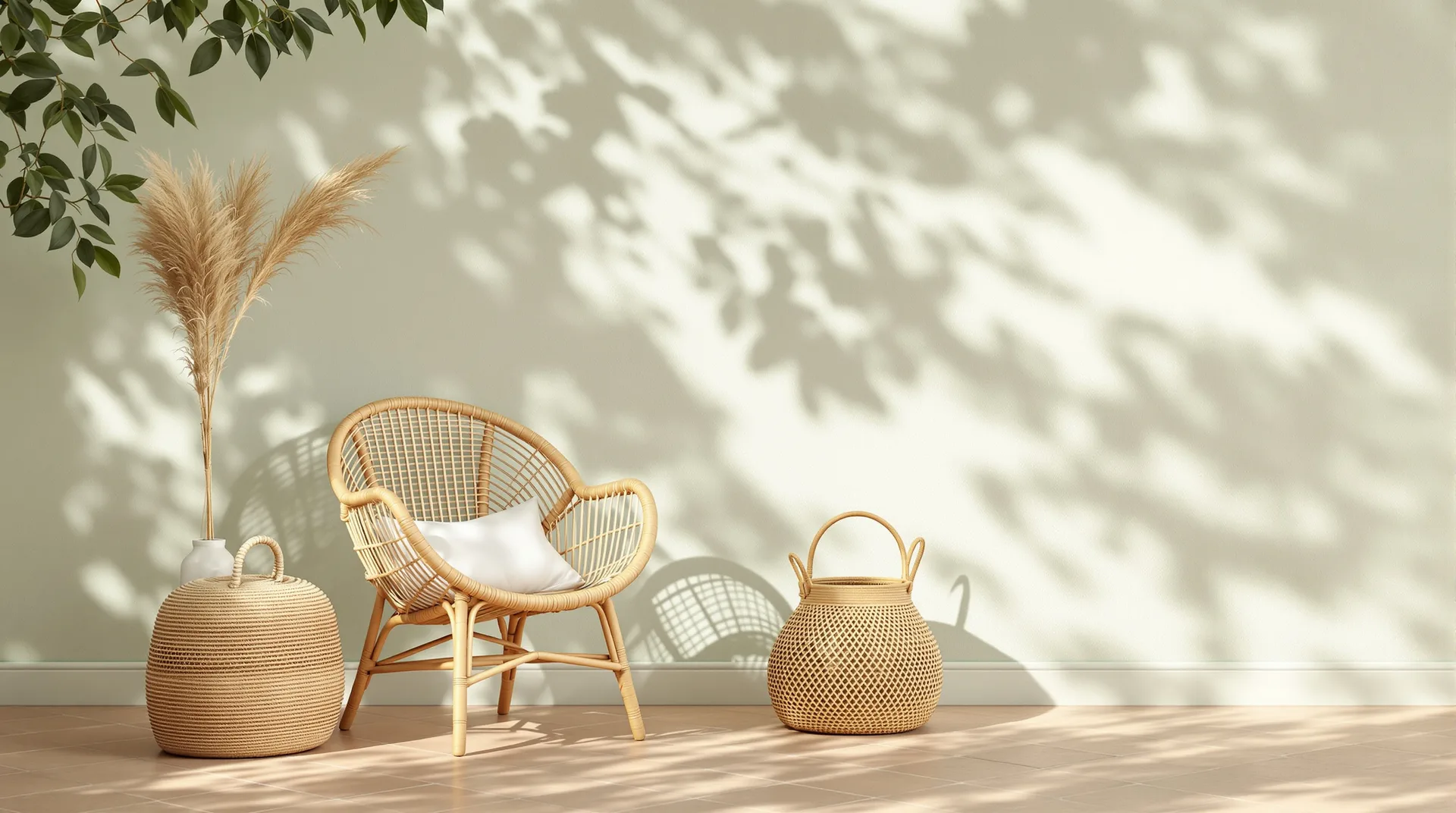 Chaise en rotin, panier en osier et suspension tressée dans une pièce lumineuse